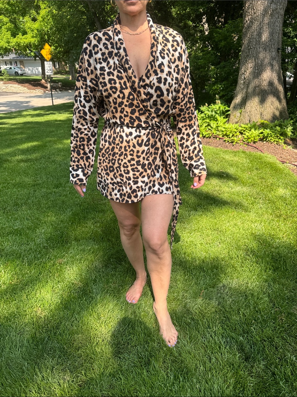 Leopard Print Wrap Romper - Tan/Black